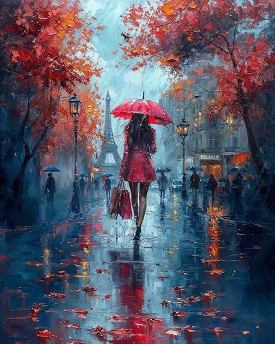 Senhora elegante com guarda-chuva a passear numa rua de Paris, decoração de parede moderna de F. Abderrahim