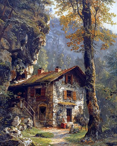 Uma antiga casa de campo no meio de uma floresta no cimo de uma montanha de F. Abderrahim