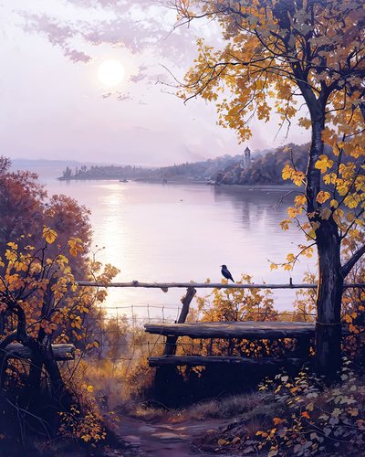 um jardim de uma casa no campo junto a um lago, pintura de paisagem de F. Abderrahim