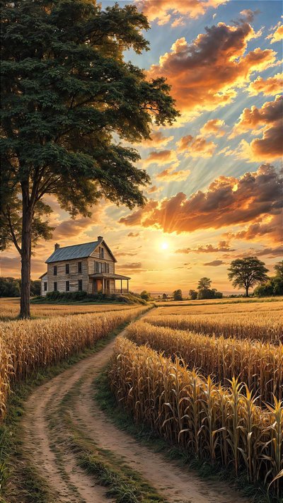 Uma casa de campo numa estrada de terra, rodeada por um campo de milho, decoração de parede de F. Abderrahim