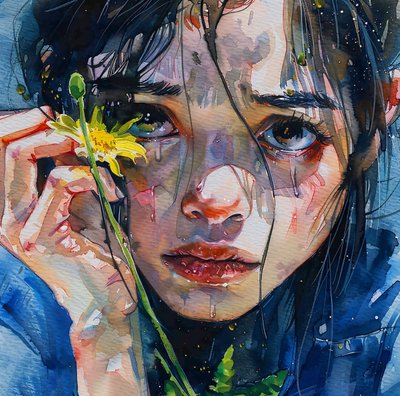 Uma rapariga acaricia uma flor amarela, retrato em grande plano, impressão online em tela de F. Abderrahim
