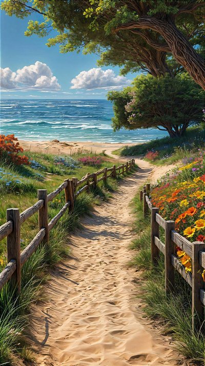 Um caminho de areia conduz a uma bela praia com uma vedação de madeira e flores coloridas de F. Abderrahim