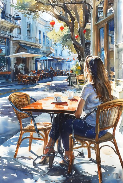 Uma mulher senta-se numa cadeira num café numa rua de Paris, decoração de parede emoldurada de F. Abderrahim