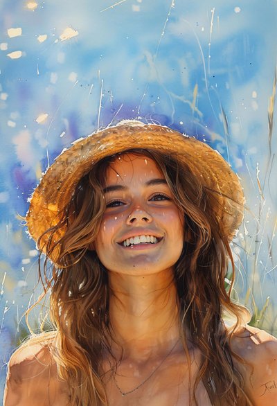 Mulher bonita com um chapéu e cabelo castanho esvoaçante à beira-mar de F. Abderrahim