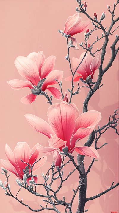 Pintura digital de flores asiáticas cor-de-rosa para decoração de parede de quarto de F. Abderrahim
