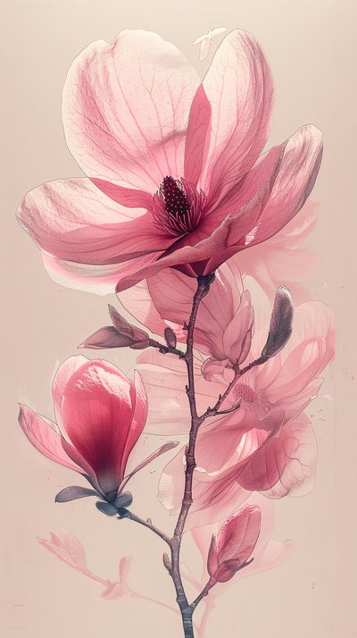 Esboço de uma linha minimalista de flores cor-de-rosa cinzentas, decoração botânica de parede de F. Abderrahim