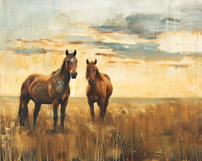 Pintura a óleo Cavalos majestosos num campo ao pôr do sol, Tela e decoração de parede de F. Abderrahim