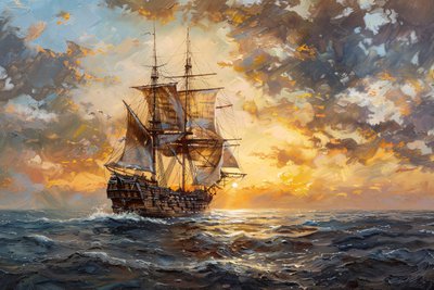 Pintura a óleo Navio pirata no oceano ao pôr do sol, decoração de parede com moldura de F. Abderrahim
