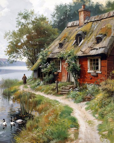 Antiga aldeia russa, cabana, Óleo sobre tela, decoração de parede com moldura de F. Abderrahim