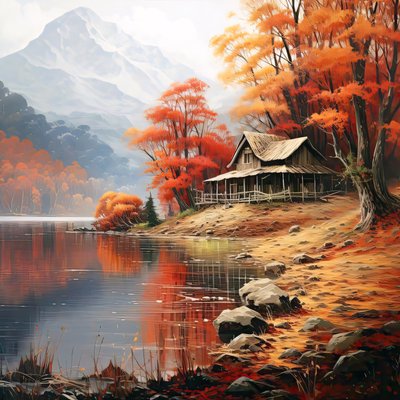 Pintura de uma cabana na floresta junto a um rio, decoração de parede para o quarto de F. Abderrahim