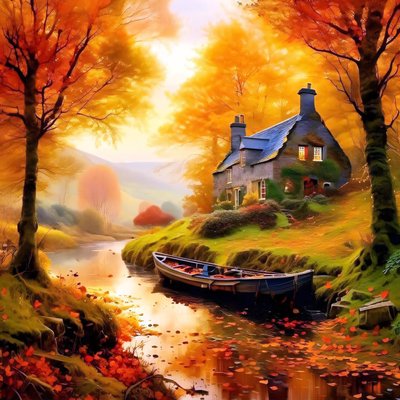 Pintura de uma cabana no bosque com um riacho, paisagem de outono de F. Abderrahim