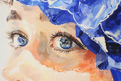 Pintura a óleo realista índigo cinematográfico, olho azul feminino em grande plano de F. Abderrahim