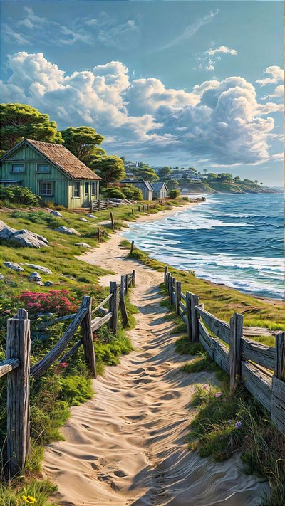 O caminho de areia conduz a uma pequena aldeia junto ao mar, ideias de decoração de muros de F. Abderrahim