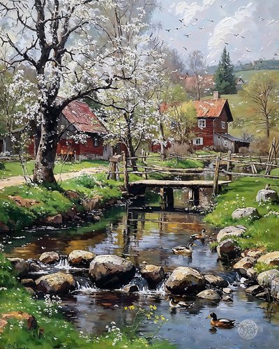 A casa de campo do moinho na primavera, óleo sobre tela, decoração de parede com moldura de F. Abderrahim