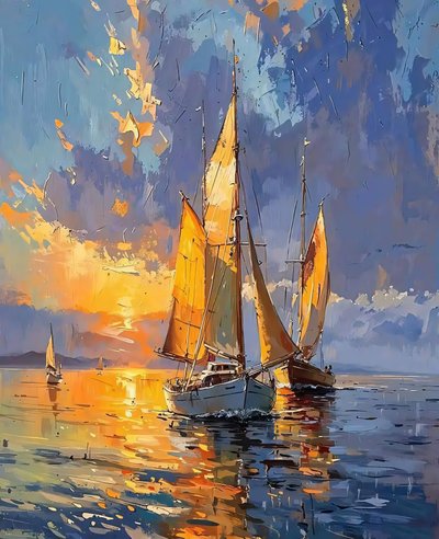 Iates em águas calmas ao pôr do sol, decoração de parede de barcos à vela de F. Abderrahim