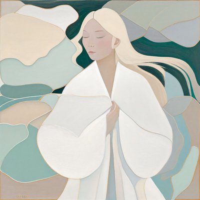 Representação abstrata de uma mulher de cabelos louros em branco, impressões de arte em tela de F. Abderrahim
