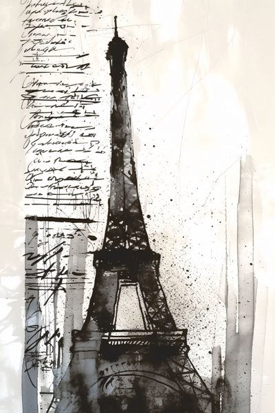 Pintura impressionista da Torre Eiffel com salpicos de tinta preta, impressão de tela emoldurada a pedido de F. Abderrahim