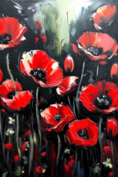 pintura com faca, papoilas vermelhas vivas aplicadas em camadas espessas, impressões de arte mural online de F. Abderrahim