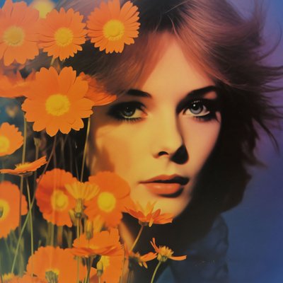 retrato de mulher vintage e flores, A Retro Floral Vision, impressões de arte online de F. Abderrahim