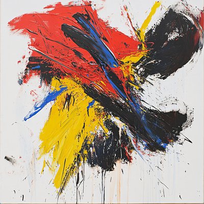 Pintura Abstrata Colorida com Pinceladas, Vermelho Azul Amarelo e Preto; impressões em tela de F. Abderrahim
