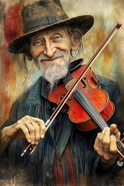 Músico de rua a tocar música jazz no seu violino, , Decoração de parede com moldura de F. Abderrahim