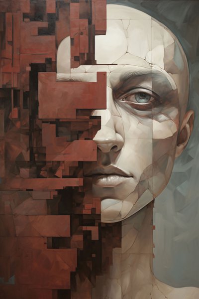 Pintura de um homem com a cara partida e uma parede partida, impressão a pedido de F. Abderrahim
