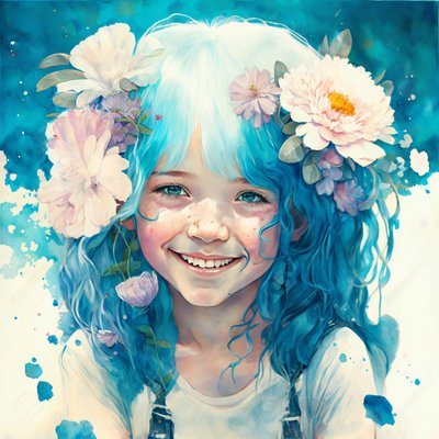 desenho a aguarela, uma menina bonita em estilo Loish, decoração de parede com moldura de F. Abderrahim
