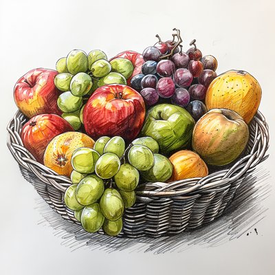 um cesto de fruta, desenho simples de uma natureza morta, impressões murais a pedido de F. Abderrahim