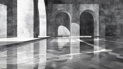 Arcos e portões num palácio de mármore, arquitetura, Preto e branco, impressões de decoração de parede de F. Abderrahim