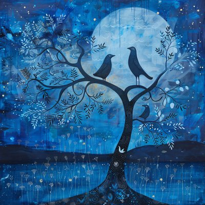 Lua azul e pássaro, Magia da noite estrelada, Decoração de parede moderna | impressão a pedido de F. Abderrahim