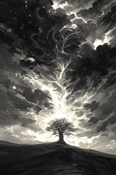 noite escura e luar brilhante Épico cinematográfico e dramático nuvens de tempestade e uma árvore, decoração de parede de F. Abderrahim