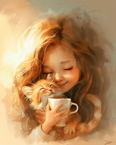 A menina, o seu gato e o amor por um bom café, decoração de parede emoldurada de F. Abderrahim