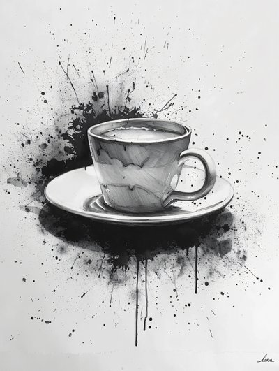 Cena noir minimalista de uma linha com realces de manchas de café, impressões de arte online de F. Abderrahim