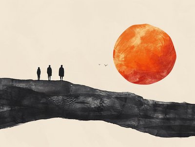 Esboço minimalista de uma linha única de uma procissão do sol do deserto, decoração de parede para quarto de F. Abderrahim