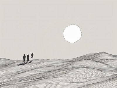 Esboço minimalista, homens a caminhar numa procissão de sol no deserto, impressões de arte online de F. Abderrahim