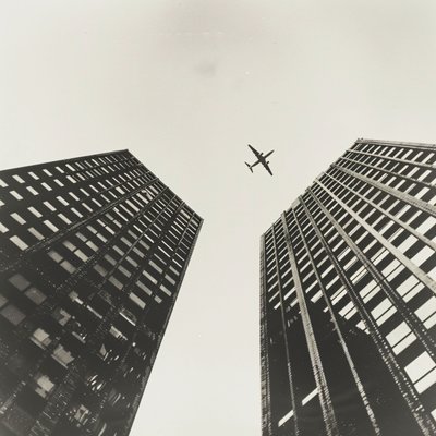 Avião a voar sobre duas torres, fotografia com e a preto, impressões de arte mural a pedido de F. Abderrahim