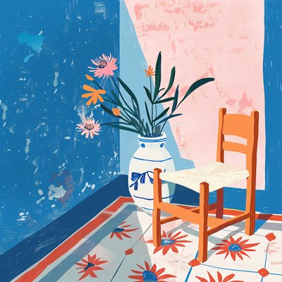 Plantas e cadeira mexicana com um vaso de cerâmica, impressões de arte em tela minimalista de F. Abderrahim