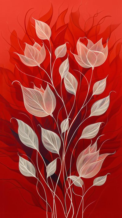 Plantas e flores desenhadas a branco sobre um fundo vermelho, decoração de parede e impressões em tela de F. Abderrahim