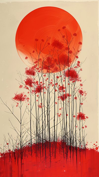Pôr do sol numa colina de flores vermelhas pintura, parede vertical Decoração para venda de F. Abderrahim
