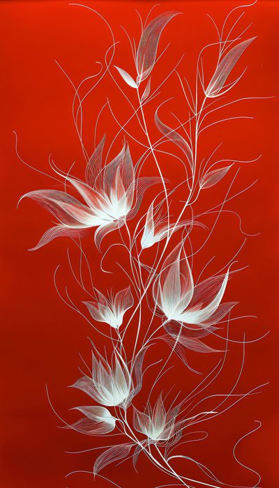 Arte de linha branca de plantas e flores num fundo vermelho vibrante, decoração de parede de F. Abderrahim