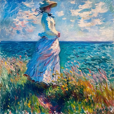 Mulher jovem de vestido na natureza, de pé na praia, estilo Monet de F. Abderrahim