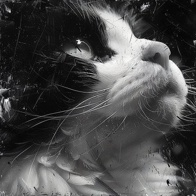 Esboço minimalista a preto e branco ampliado da cara de um gato, impressões de decoração de parede de F. Abderrahim