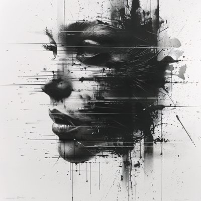 Retrato ampliado de um esboço de rosto de mulher minimalista a preto e branco de F. Abderrahim