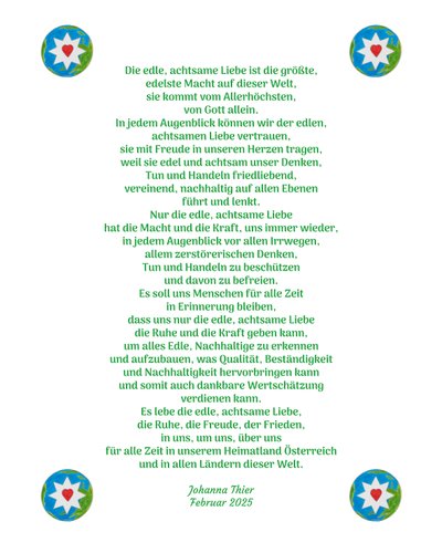 O amor nobre e atento traz-nos calma, alegria e paz no nosso país, a Áustria, e em todos os países do mundo de Johanna Thier