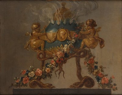 Queimador de perfume sustentado por amorinis e serpentes e guarnecido de flores, séc. XVIII. de 18th century . French Painter