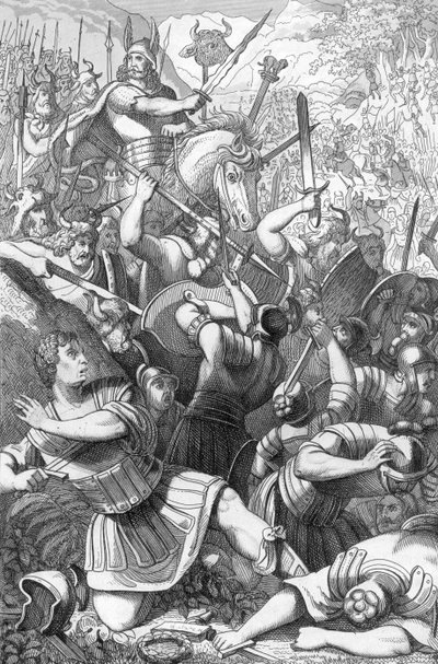 O chefe Cheruscan Arminius (18 AC-21 DC) na batalha de Teutoburg (Teutoburger Wald ou Teutberg) contra os Romanos contra os Alemães em 9 DC (Os Cheruscan sob Arminius (Hermann) derrotaram as 17ª e 19ª Legiões Romanas sob Varus na Floresta de Teutoburg de 19th Century Polish School