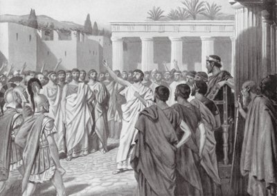 Congresso dos Estados do Peloponeso em Esparta, 432 a.C. (litografia) de A.C. Weatherstone