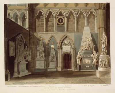 Vista sul do canto do poeta, placa 27 de "Abadia de Westminster", gravada por J. Bluck (fl.1791-1831) pub. por Rudolph Ackermann (1764-1834) 1811 (aquatinta) de A.C. and Villiers, H. Pugin
