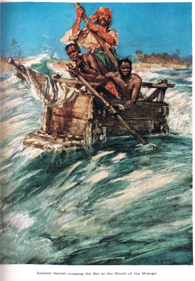Battell chega à foz do Mbengo, ilustração da "Terra do Comércio de Ouro", publicada por Jack em 1921. de A.D. McClintock