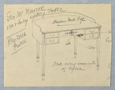 Design para mesa de escrita embutida de mogno para George M. Nowell de A.N. Davenport Co.